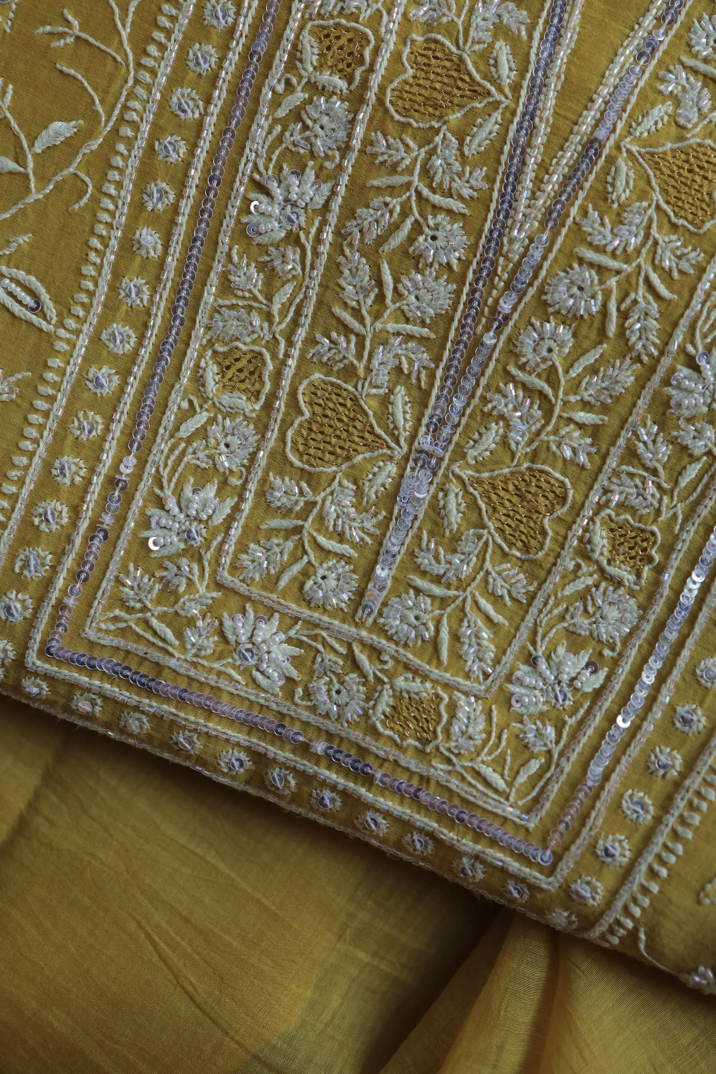 Yellow Shade Mal Chanderi Silk Chikankari Unstitched Fabric