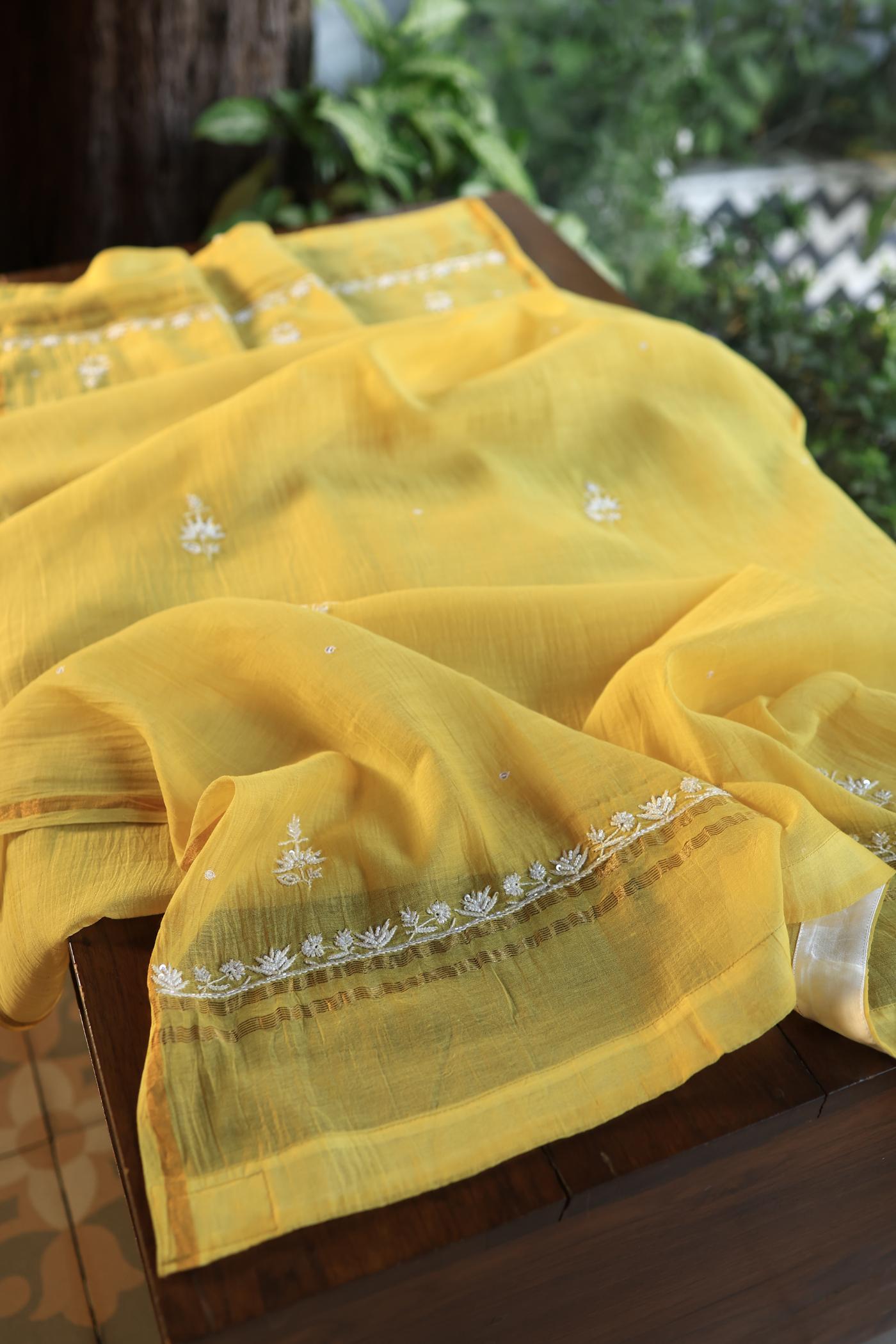 Yellow Shade Mal Chanderi Silk Chikankari Unstitched Fabric