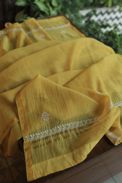 Yellow Shade Mal Chanderi Silk Chikankari Unstitched Fabric
