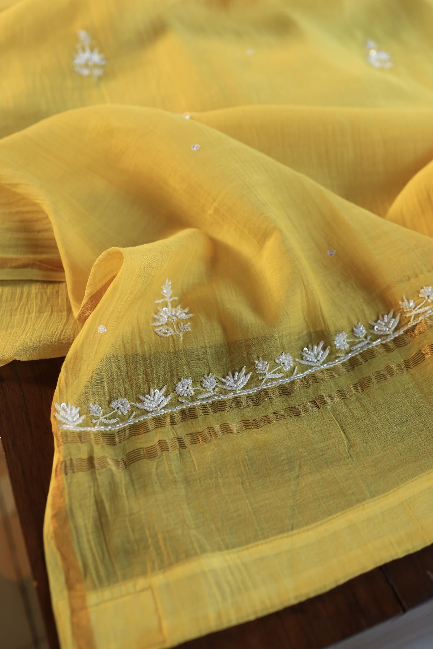 Yellow Shade Mal Chanderi Silk Chikankari Unstitched Fabric