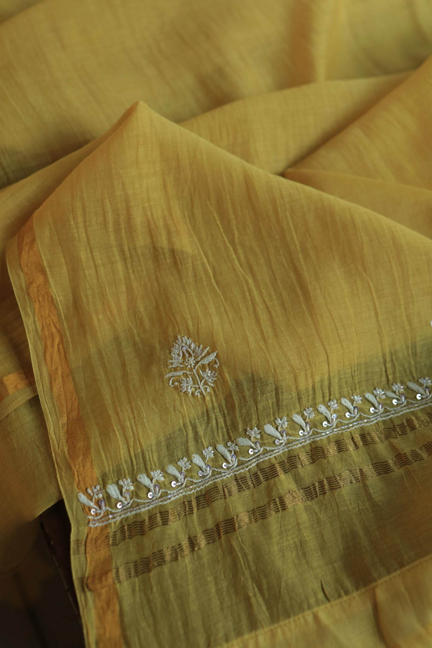 Yellow Shade Mal Chanderi Silk Chikankari Unstitched Fabric