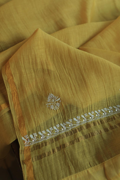 Yellow Shade Mal Chanderi Silk Chikankari Unstitched Fabric