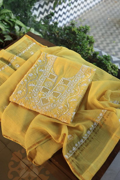 Yellow Shade Mal Chanderi Silk Chikankari Unstitched Fabric