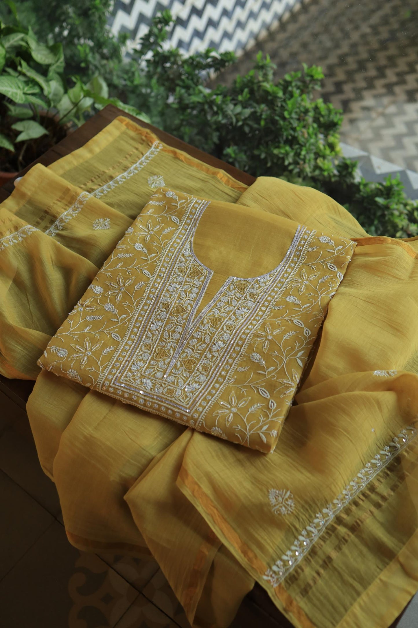 Yellow Shade Mal Chanderi Silk Chikankari Unstitched Fabric
