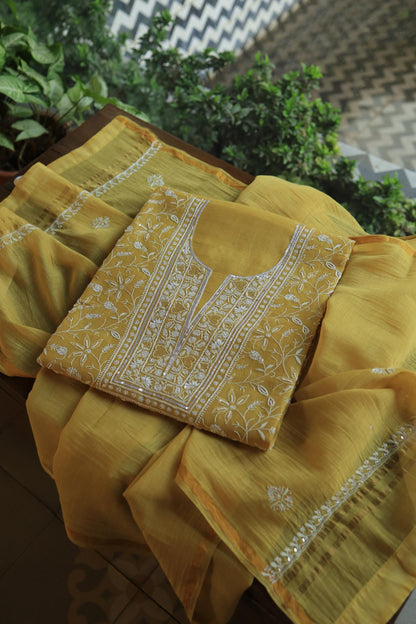 Yellow Shade Mal Chanderi Silk Chikankari Unstitched Fabric
