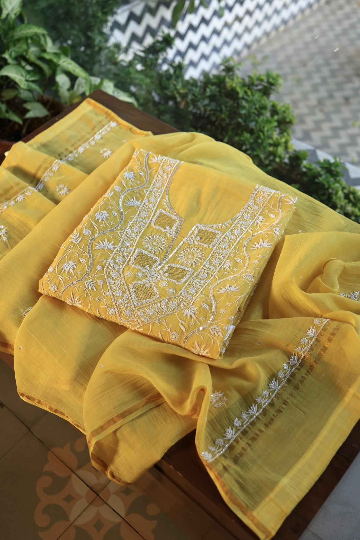 Yellow Shade Mal Chanderi Silk Chikankari Unstitched Fabric