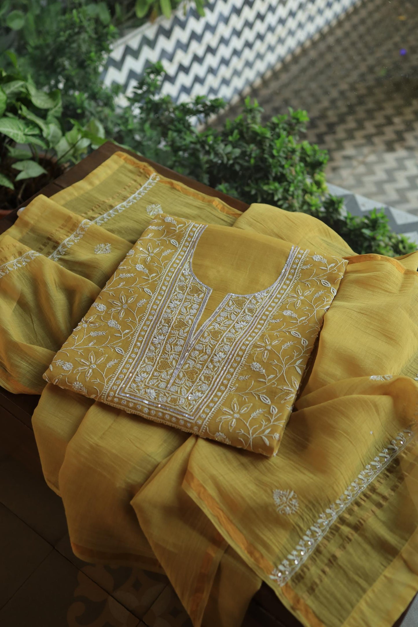 Yellow Shade Mal Chanderi Silk Chikankari Unstitched Fabric