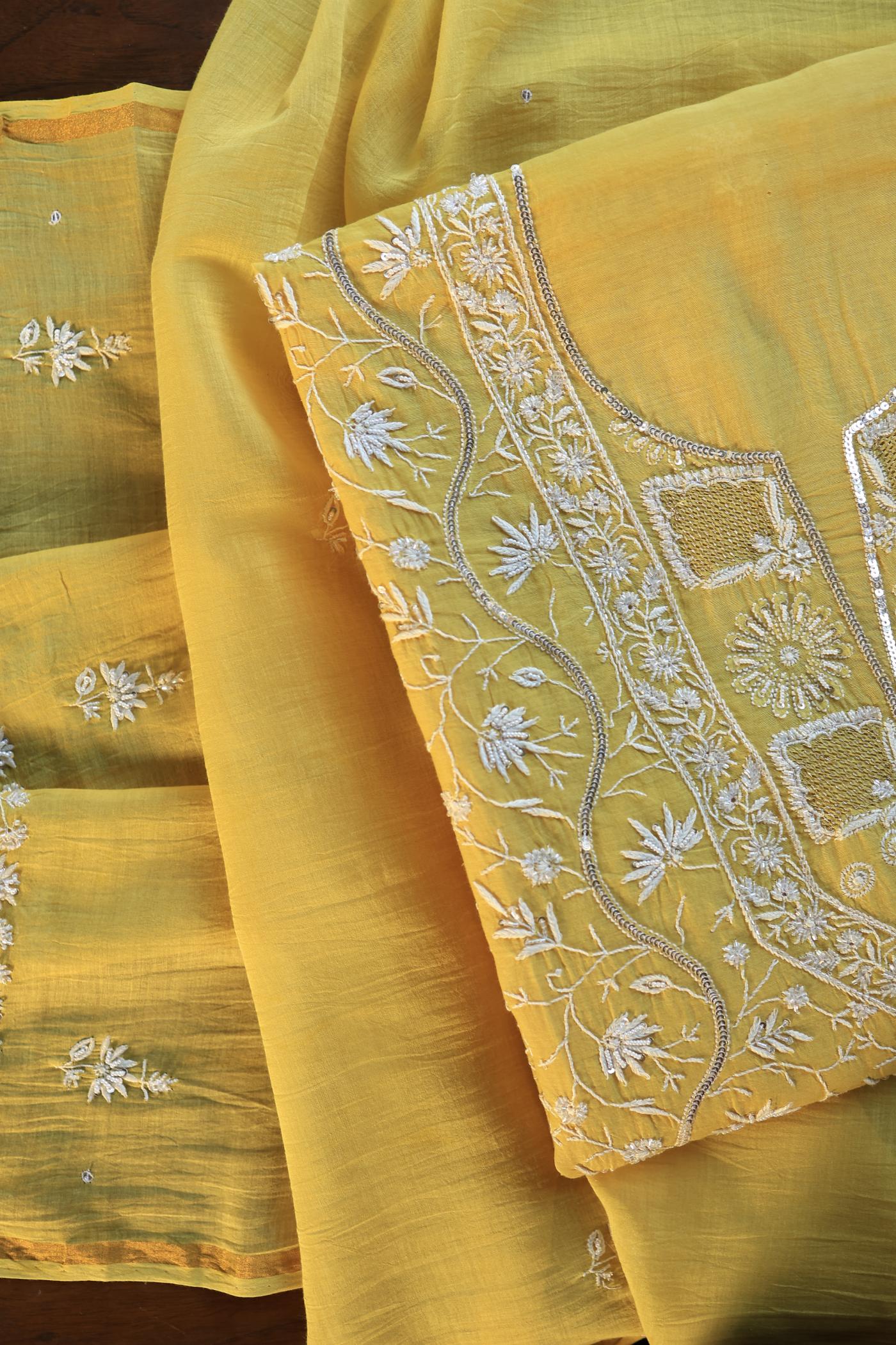 Yellow Shade Mal Chanderi Silk Chikankari Unstitched Fabric