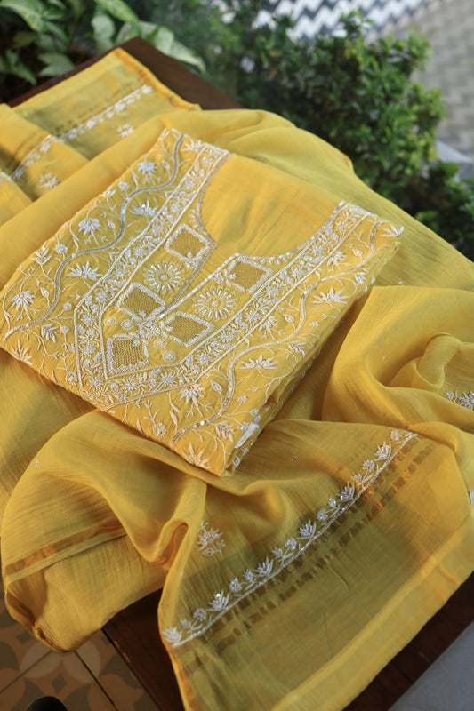 Yellow Shade Mal Chanderi Silk Chikankari Unstitched Fabric