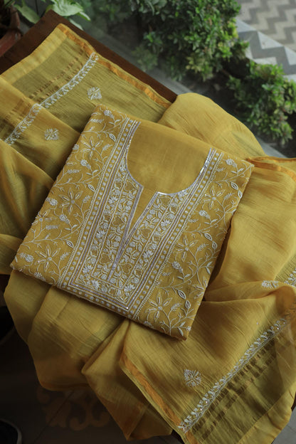 Yellow Shade Mal Chanderi Silk Chikankari Unstitched Fabric