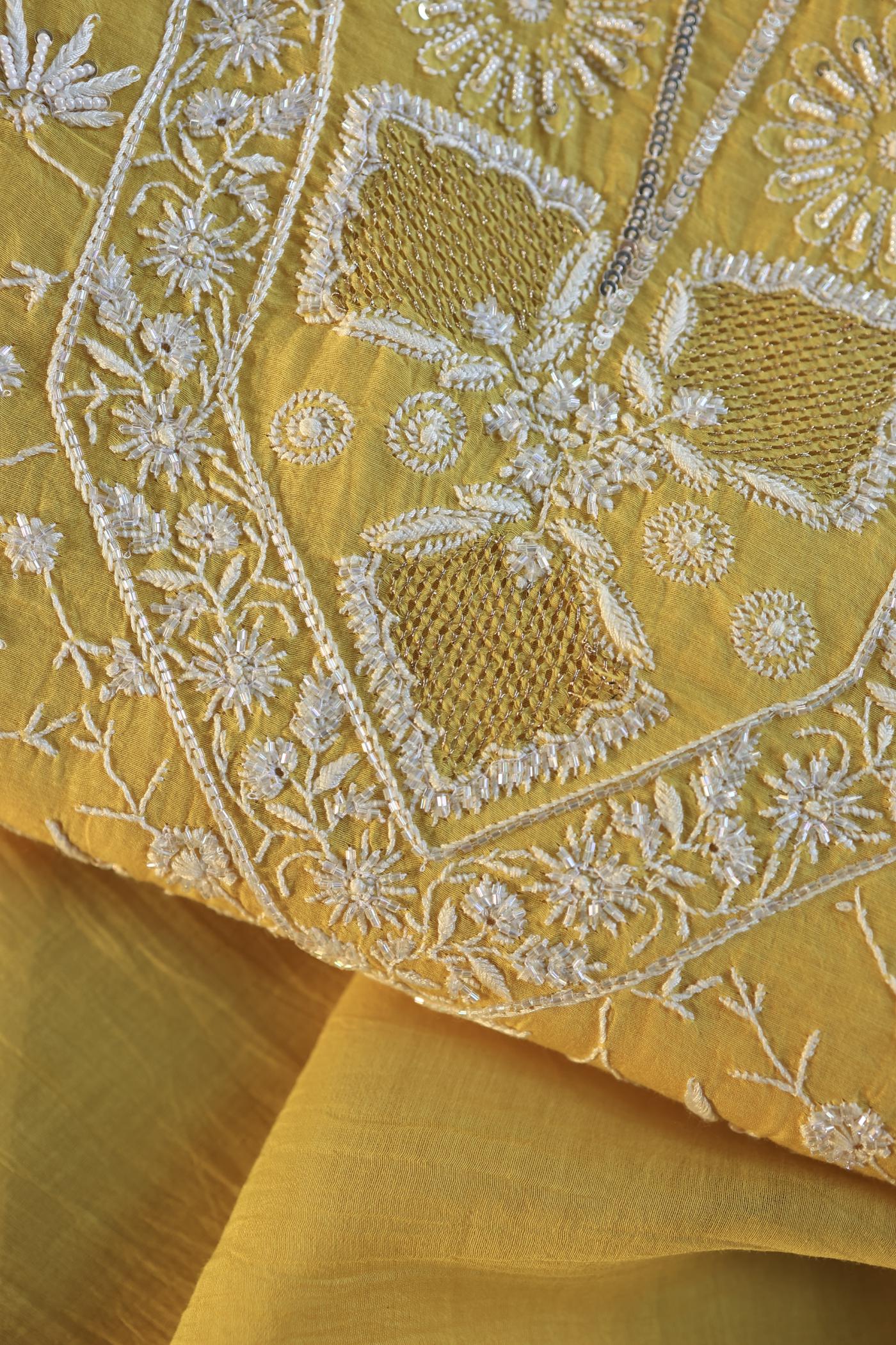 Yellow Shade Mal Chanderi Silk Chikankari Unstitched Fabric