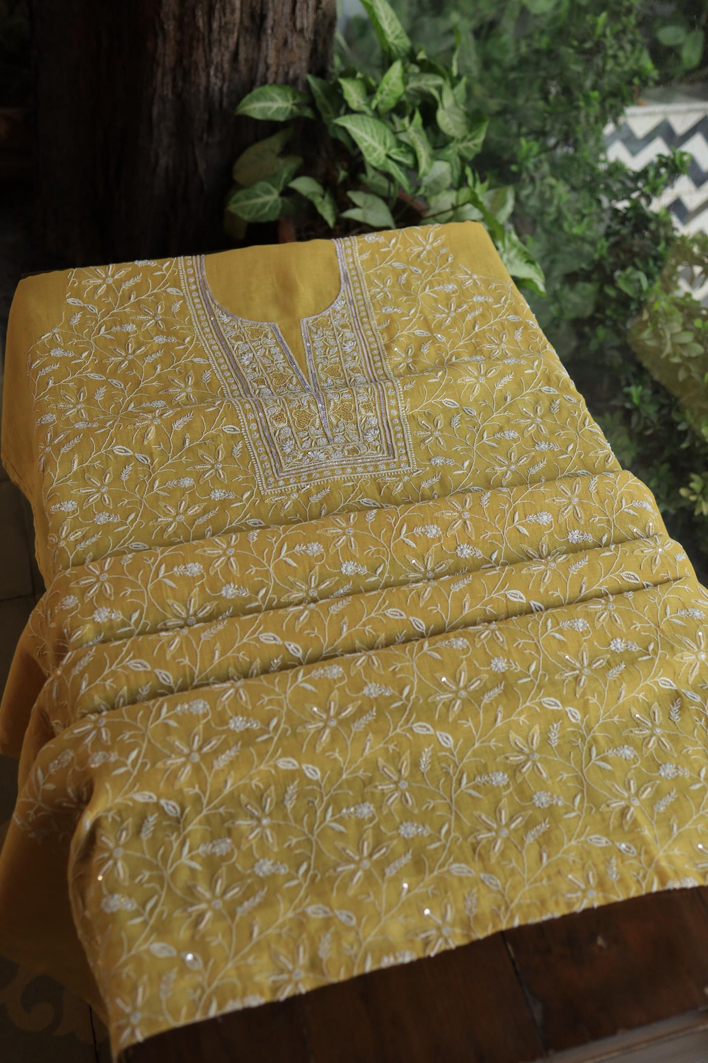 Yellow Shade Mal Chanderi Silk Chikankari Unstitched Fabric