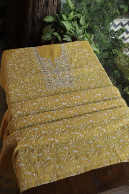 Yellow Shade Mal Chanderi Silk Chikankari Unstitched Fabric