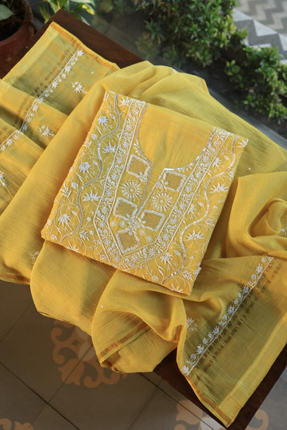 Yellow Shade Mal Chanderi Silk Chikankari Unstitched Fabric