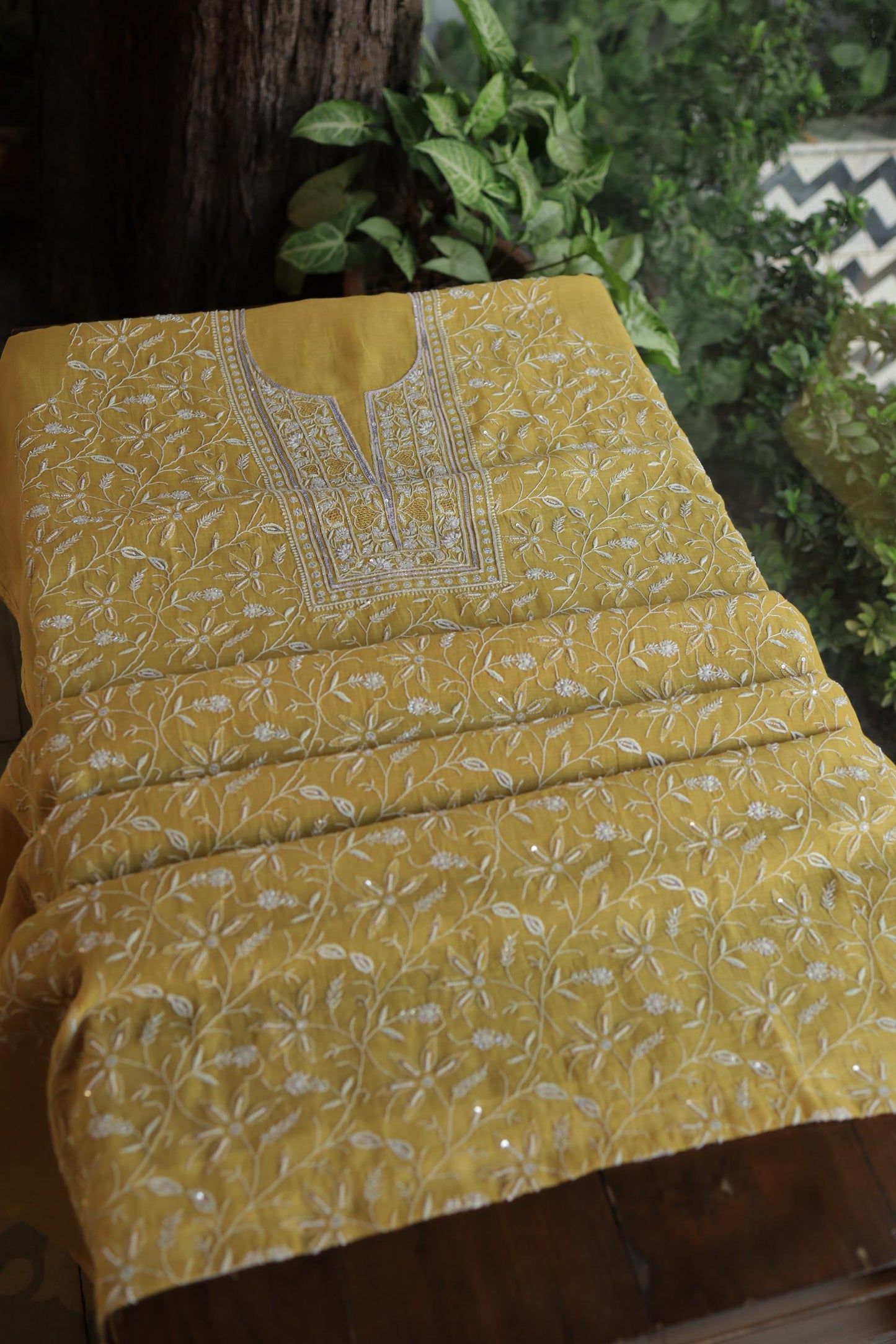 Yellow Shade Mal Chanderi Silk Chikankari Unstitched Fabric