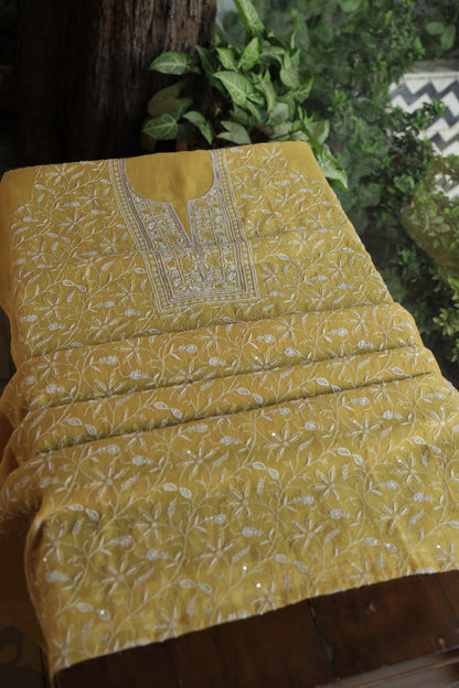 Yellow Shade Mal Chanderi Silk Chikankari Unstitched Fabric