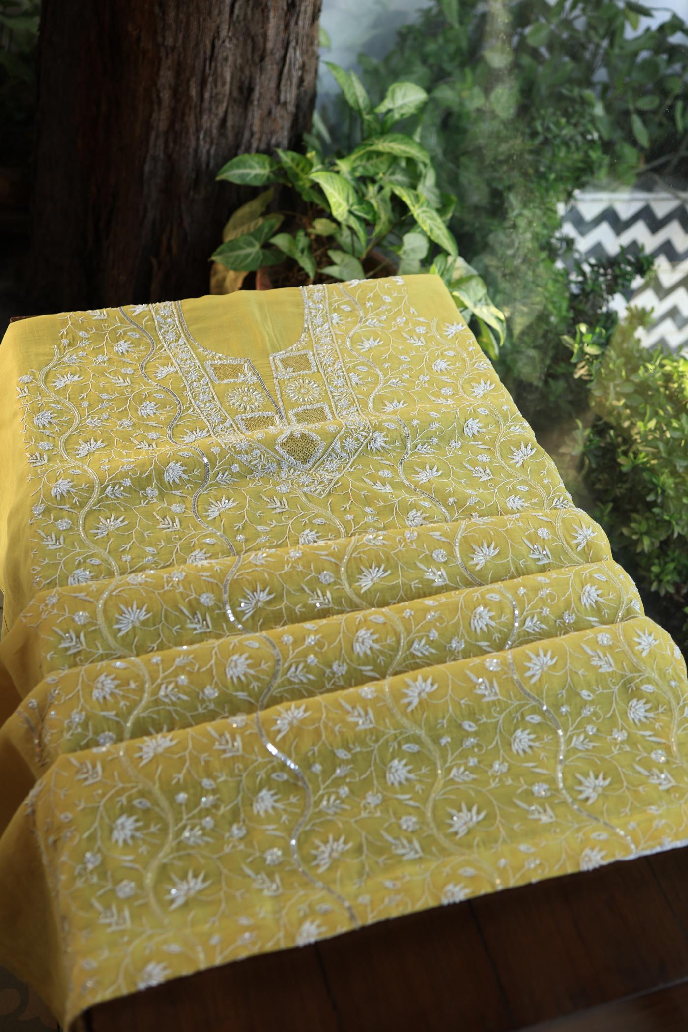 Yellow Shade Mal Chanderi Silk Chikankari Unstitched Fabric