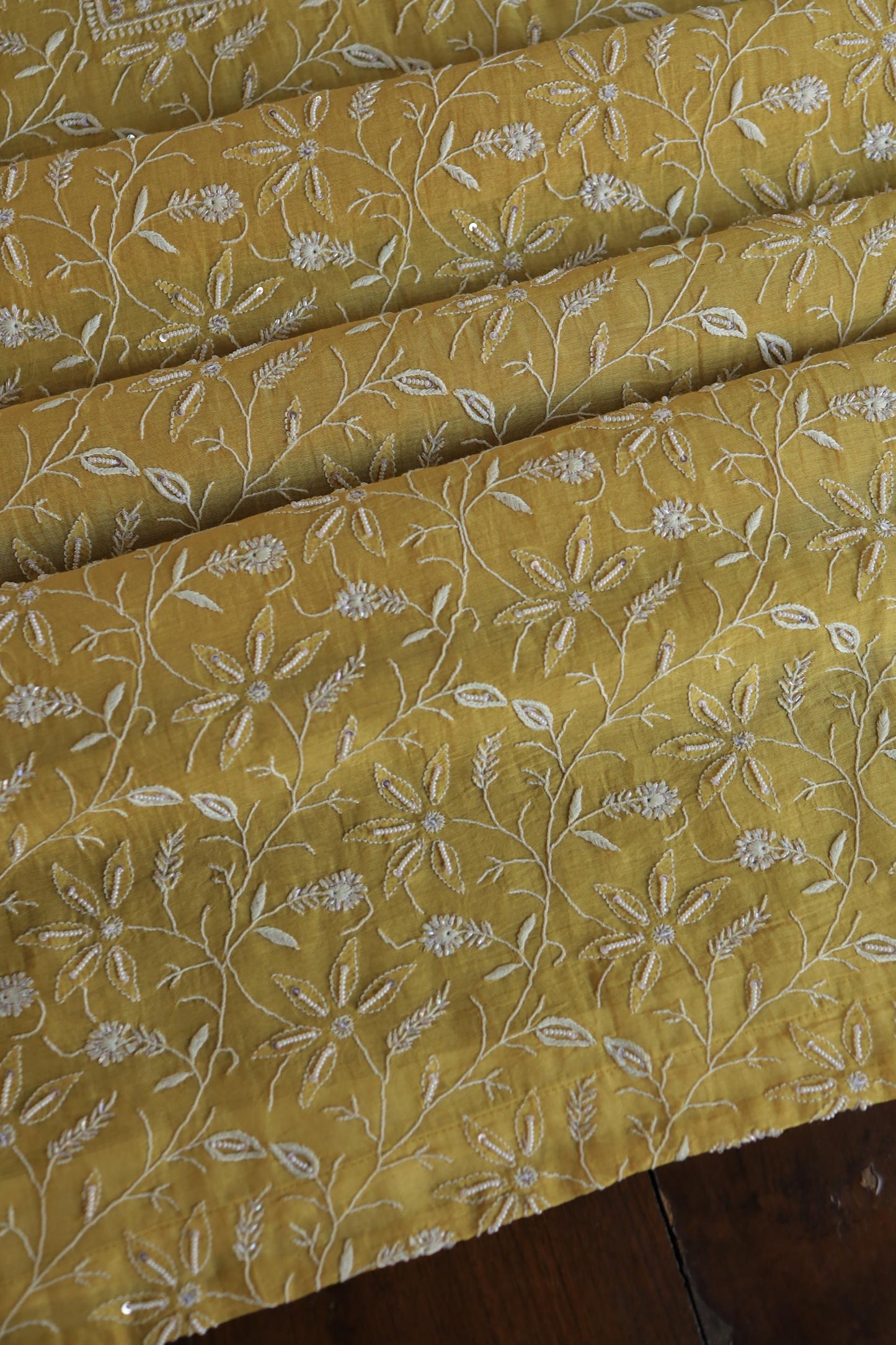 Yellow Shade Mal Chanderi Silk Chikankari Unstitched Fabric