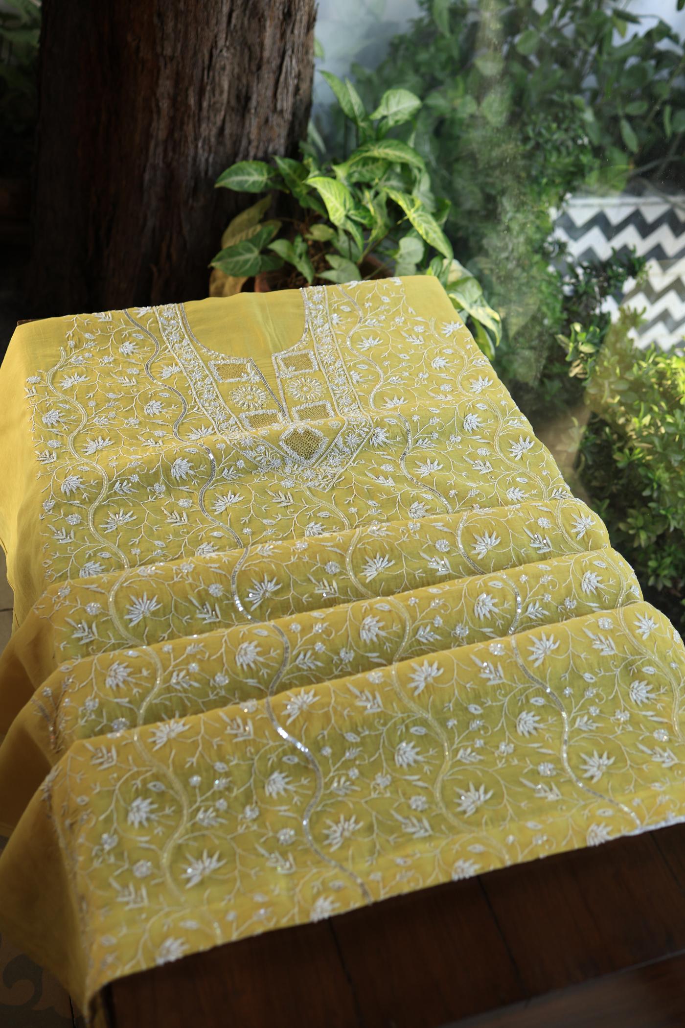 Yellow Shade Mal Chanderi Silk Chikankari Unstitched Fabric