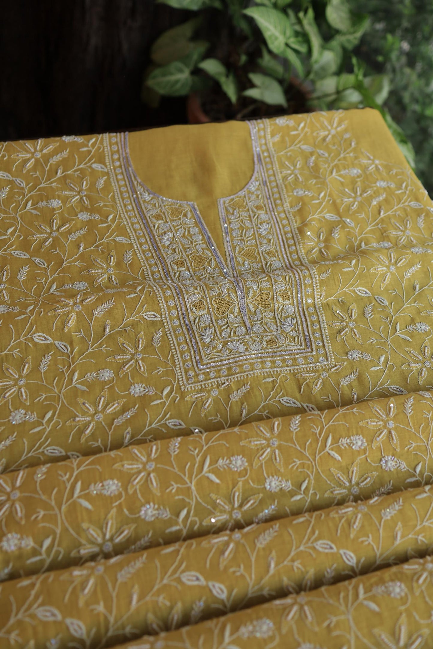 Yellow Shade Mal Chanderi Silk Chikankari Unstitched Fabric