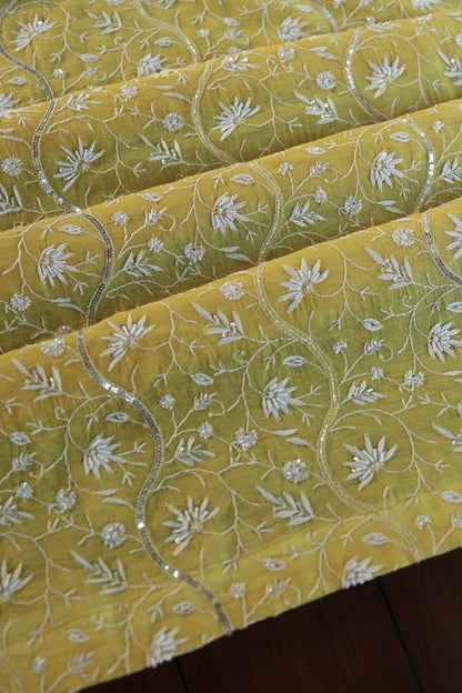 Yellow Shade Mal Chanderi Silk Chikankari Unstitched Fabric