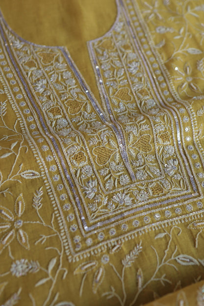 Yellow Shade Mal Chanderi Silk Chikankari Unstitched Fabric