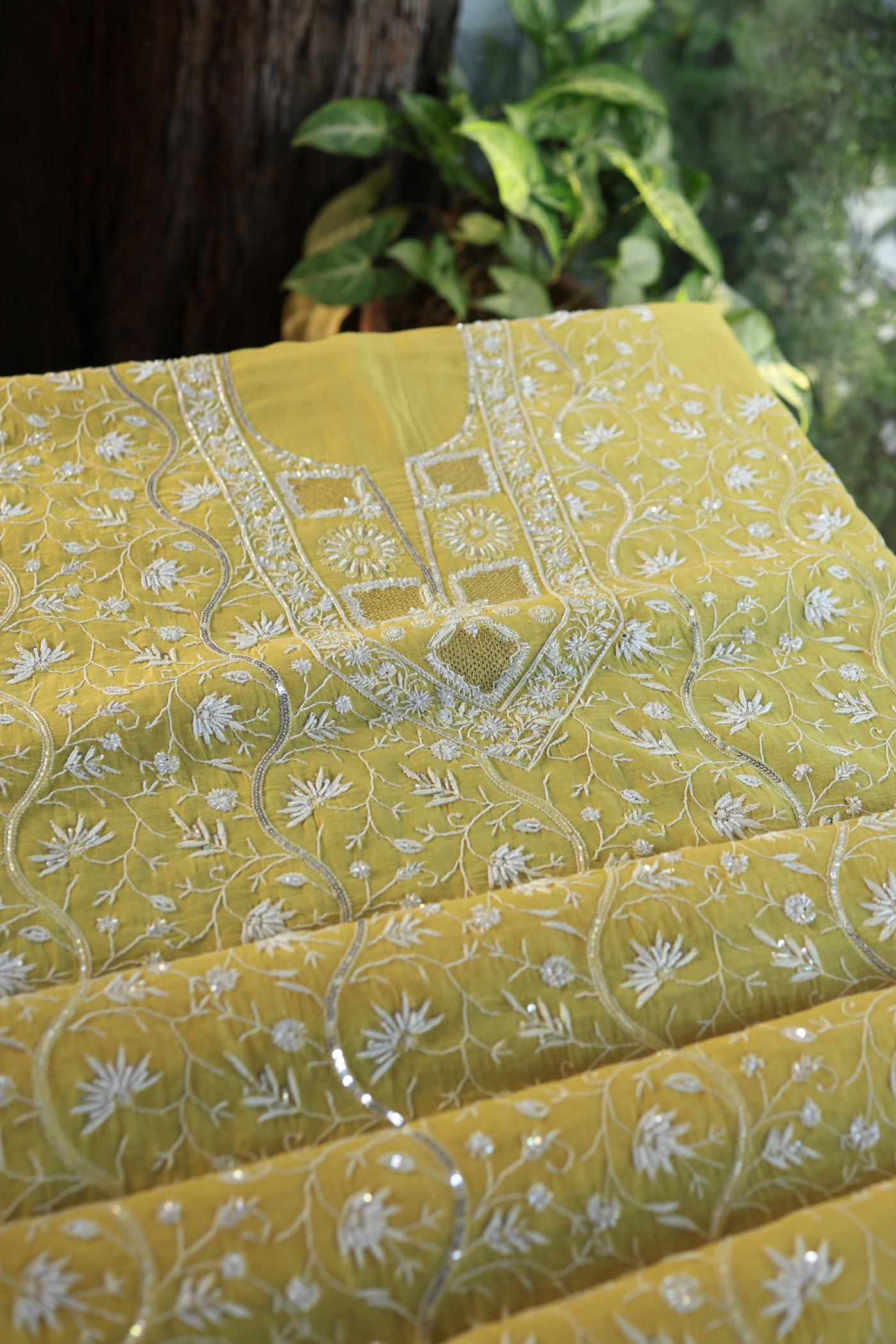 Yellow Shade Mal Chanderi Silk Chikankari Unstitched Fabric