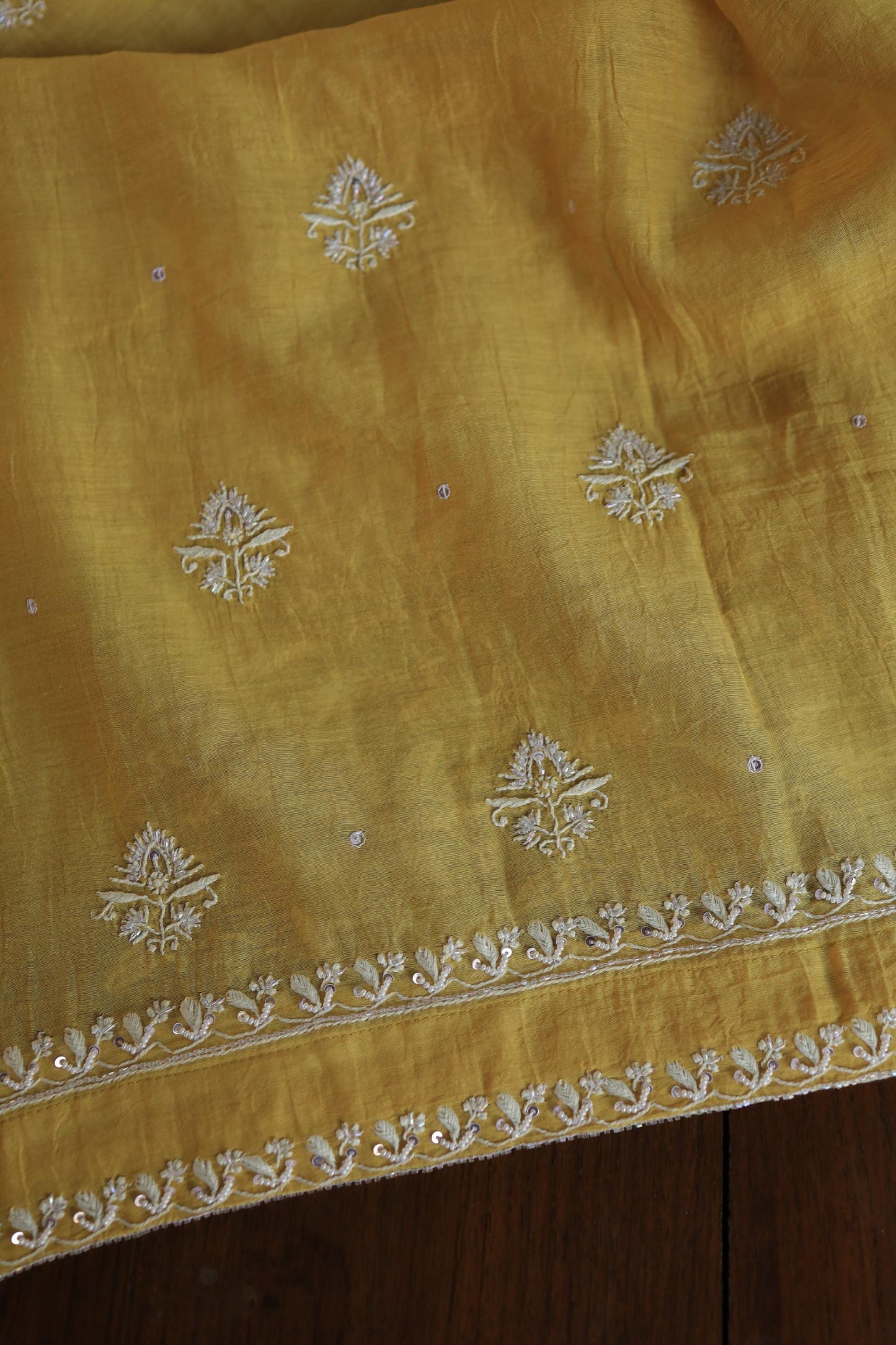 Yellow Shade Mal Chanderi Silk Chikankari Unstitched Fabric