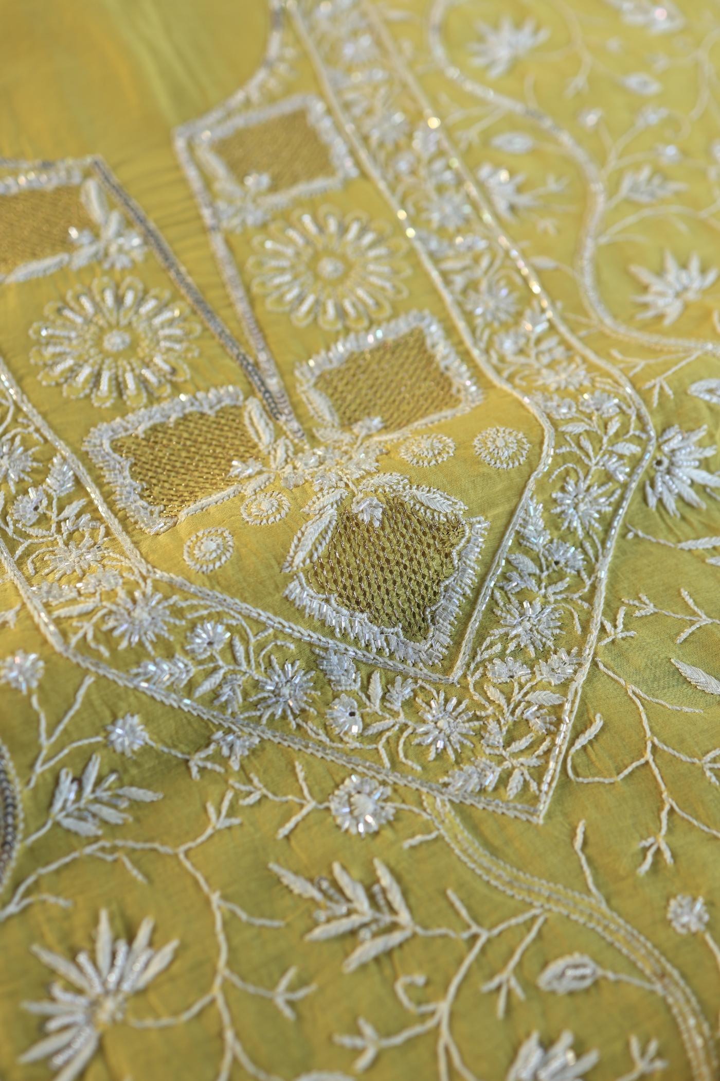 Yellow Shade Mal Chanderi Silk Chikankari Unstitched Fabric