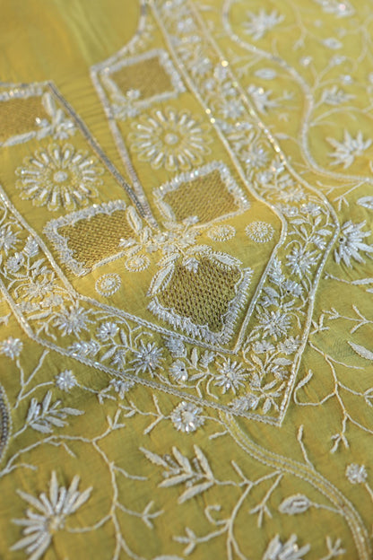 Yellow Shade Mal Chanderi Silk Chikankari Unstitched Fabric