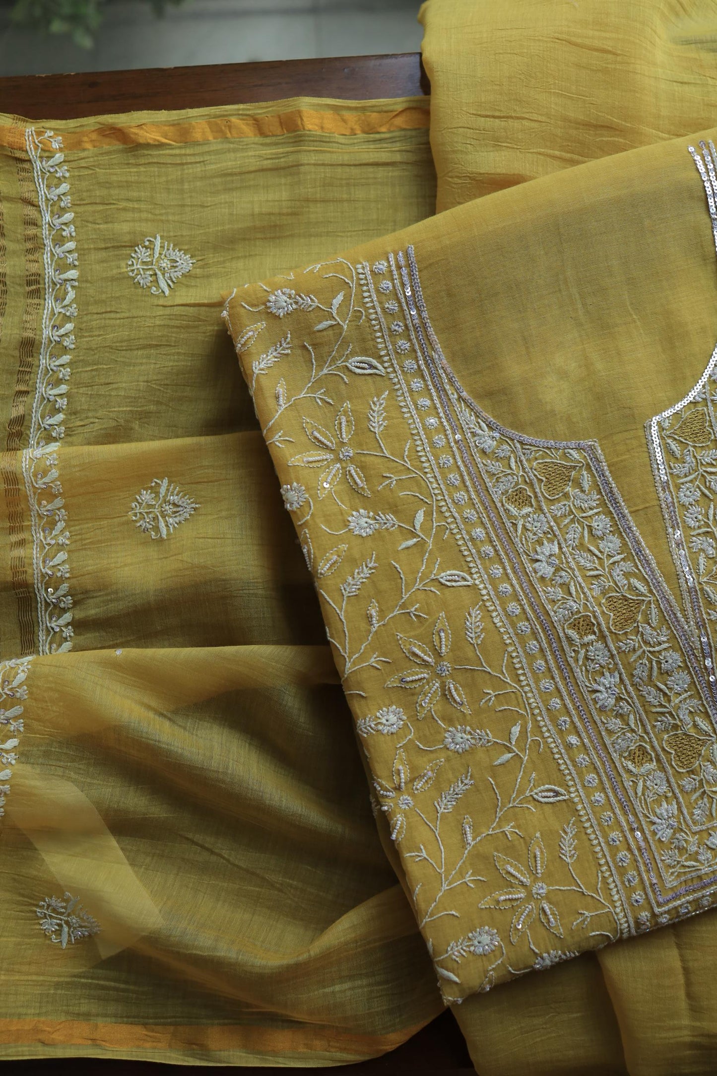 Yellow Shade Mal Chanderi Silk Chikankari Unstitched Fabric
