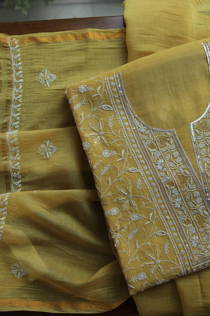 Yellow Shade Mal Chanderi Silk Chikankari Unstitched Fabric