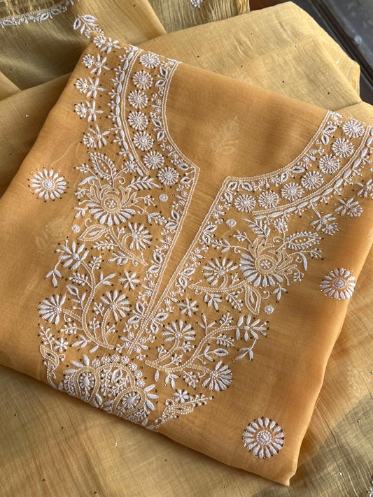 Yellow Shade Mal Cotton Fine Chikankari Unstitched Fabric