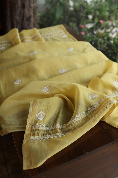 Yellow Shade Mal Cotton Fine Chikankari Unstitched Fabric