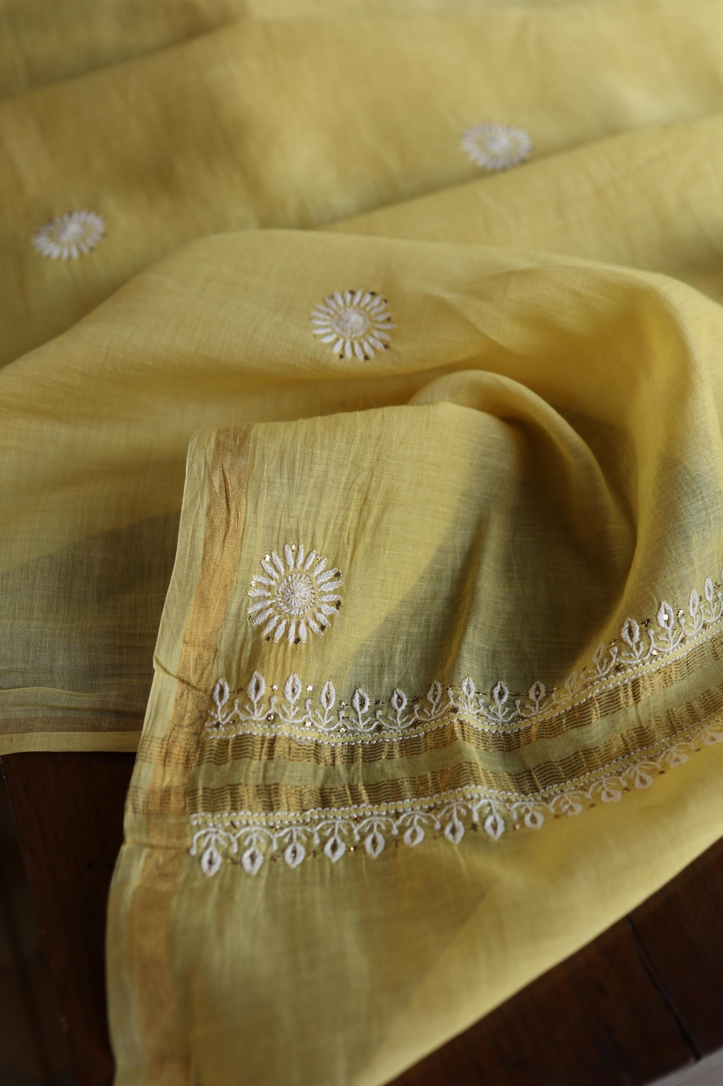 Yellow Shade Mal Cotton Fine Chikankari Unstitched Fabric
