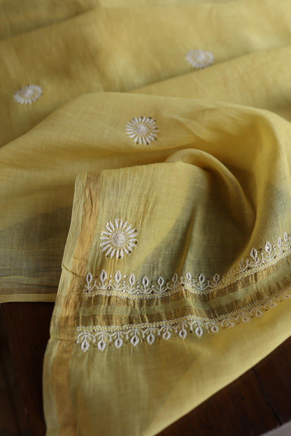 Yellow Shade Mal Cotton Fine Chikankari Unstitched Fabric