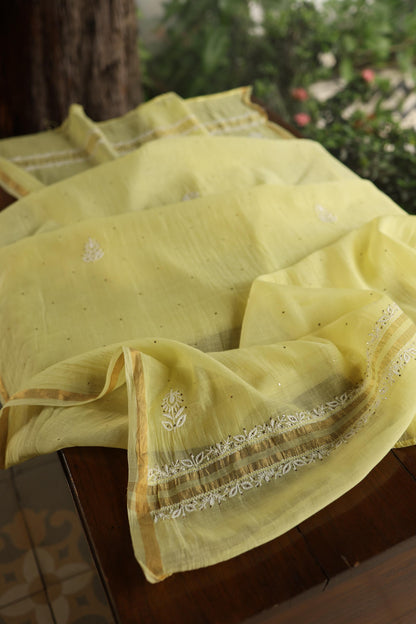 Yellow Shade Mal Cotton Fine Chikankari Unstitched Fabric