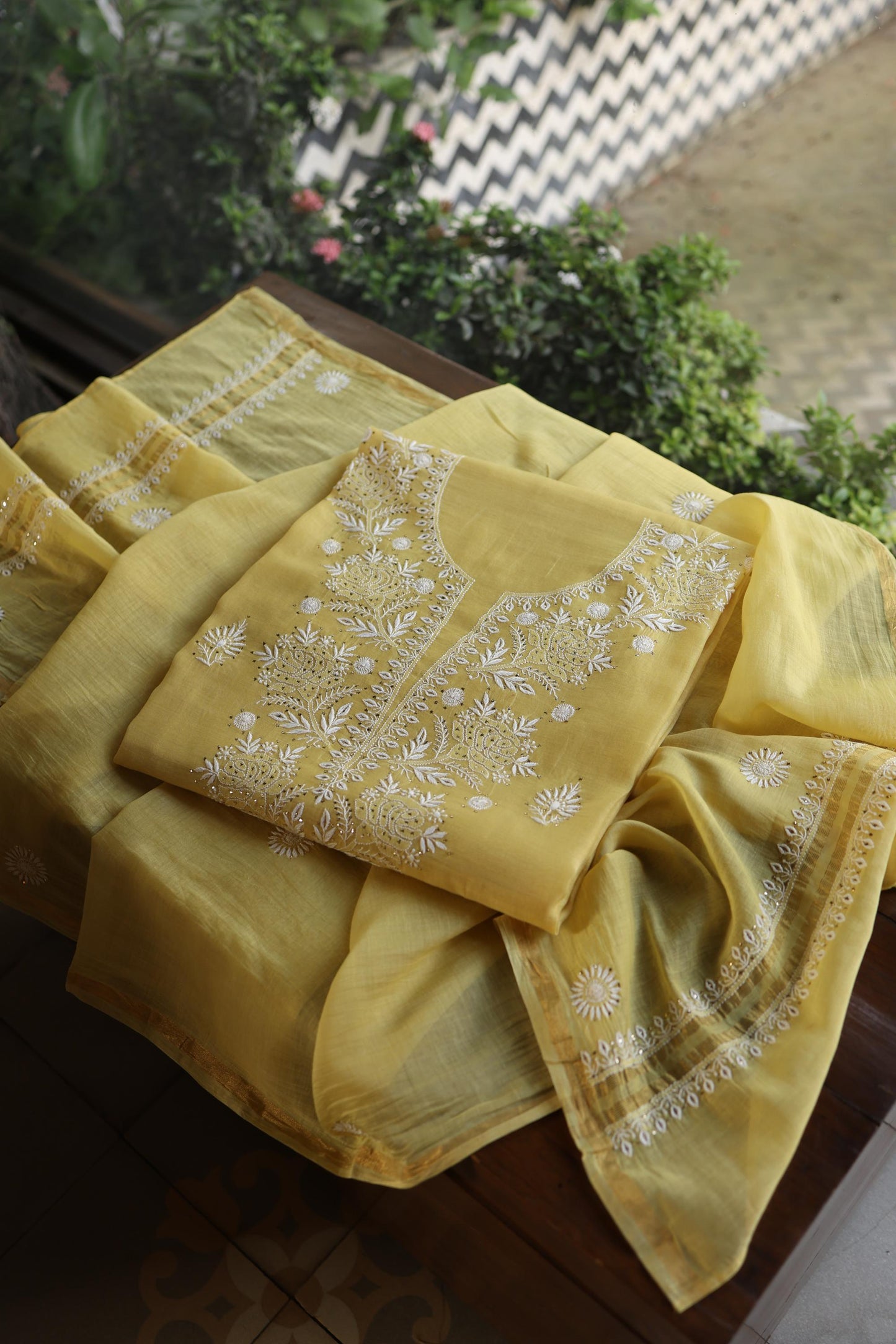 Yellow Shade Mal Cotton Fine Chikankari Unstitched Fabric