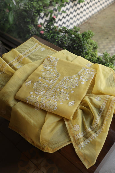 Yellow Shade Mal Cotton Fine Chikankari Unstitched Fabric