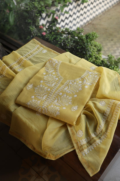 Yellow Shade Mal Cotton Fine Chikankari Unstitched Fabric
