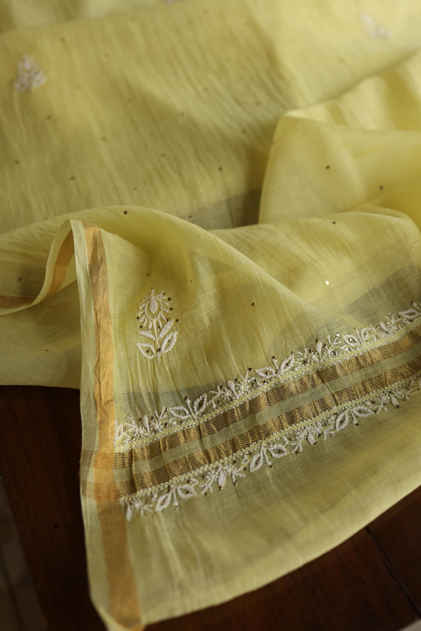Yellow Shade Mal Cotton Fine Chikankari Unstitched Fabric