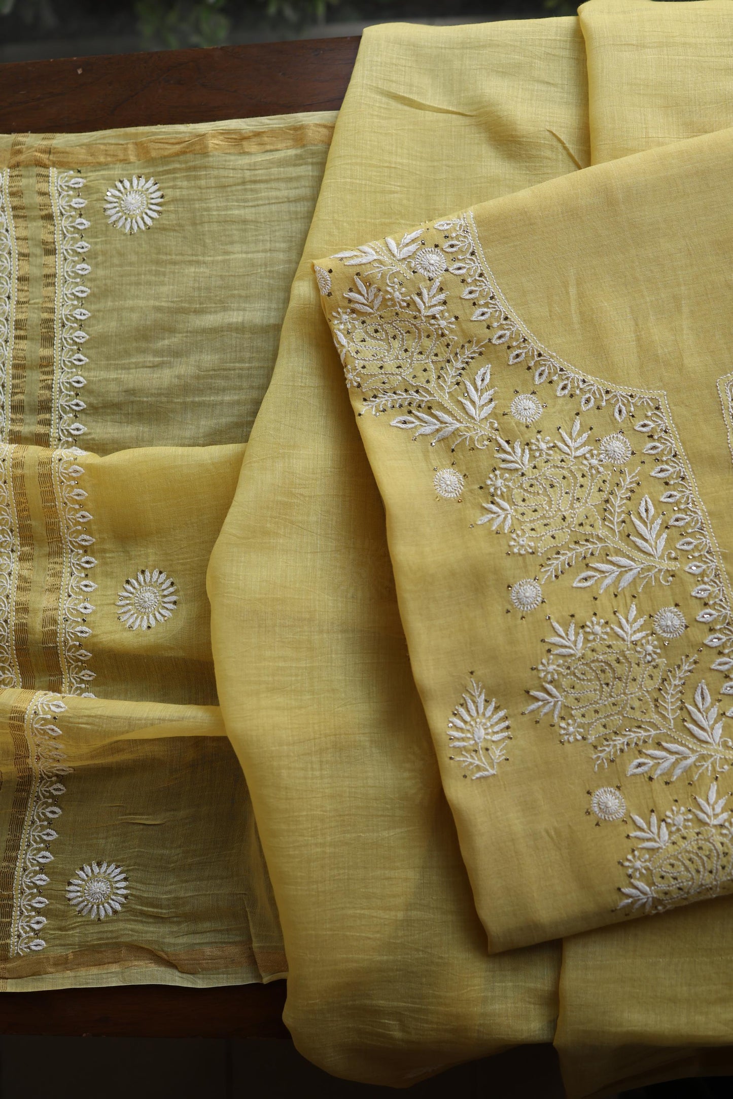 Yellow Shade Mal Cotton Fine Chikankari Unstitched Fabric