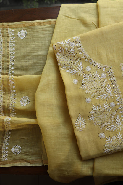 Yellow Shade Mal Cotton Fine Chikankari Unstitched Fabric