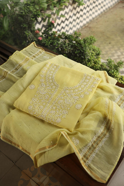 Yellow Shade Mal Cotton Fine Chikankari Unstitched Fabric