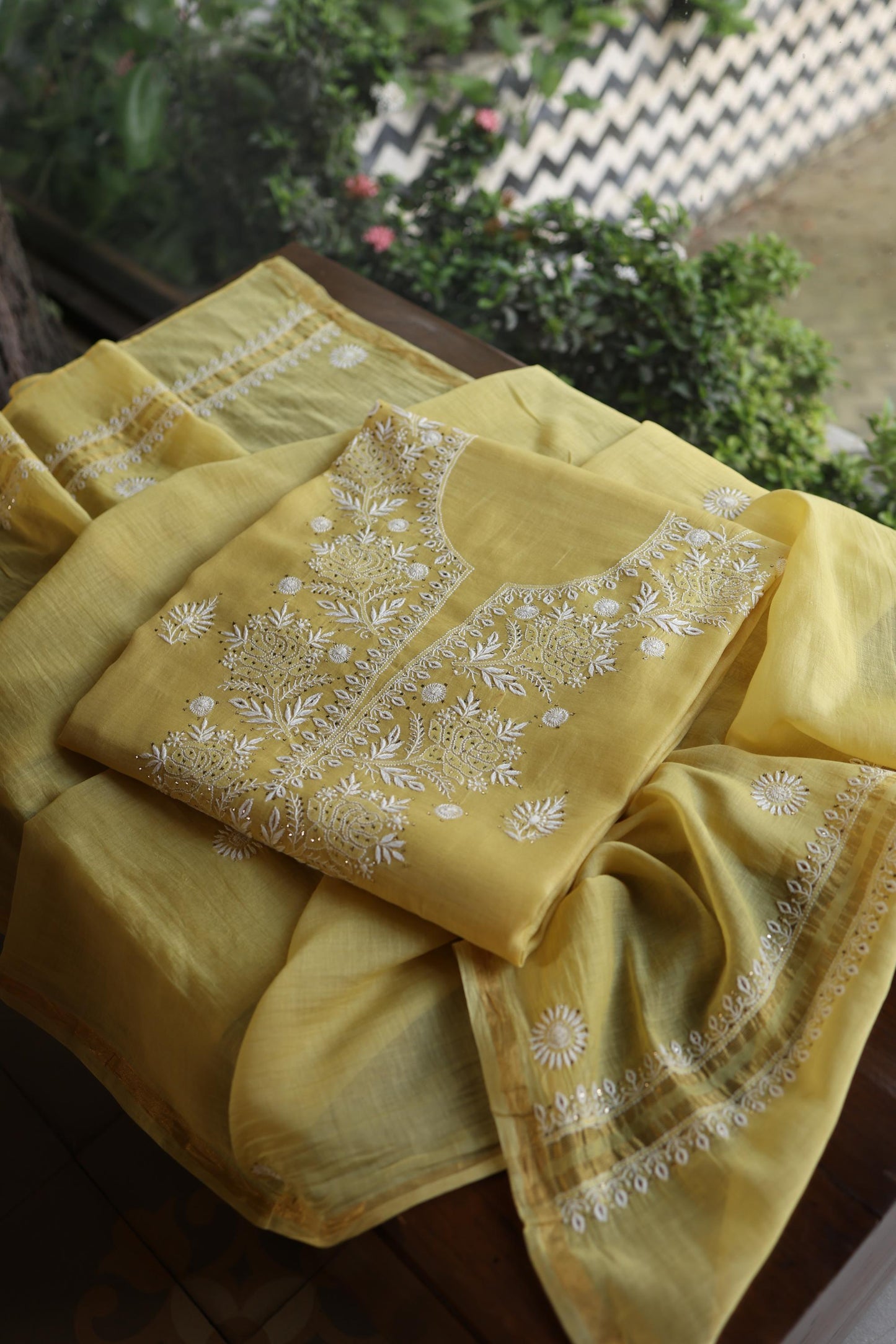 Yellow Shade Mal Cotton Fine Chikankari Unstitched Fabric