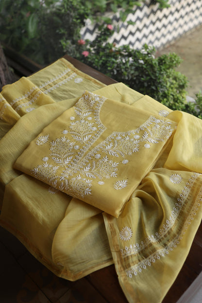 Yellow Shade Mal Cotton Fine Chikankari Unstitched Fabric