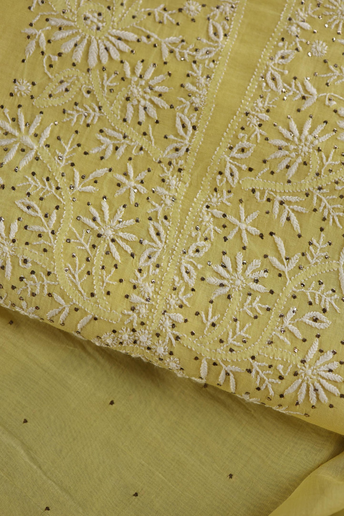 Yellow Shade Mal Cotton Fine Chikankari Unstitched Fabric