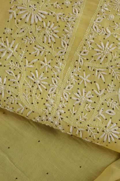 Yellow Shade Mal Cotton Fine Chikankari Unstitched Fabric