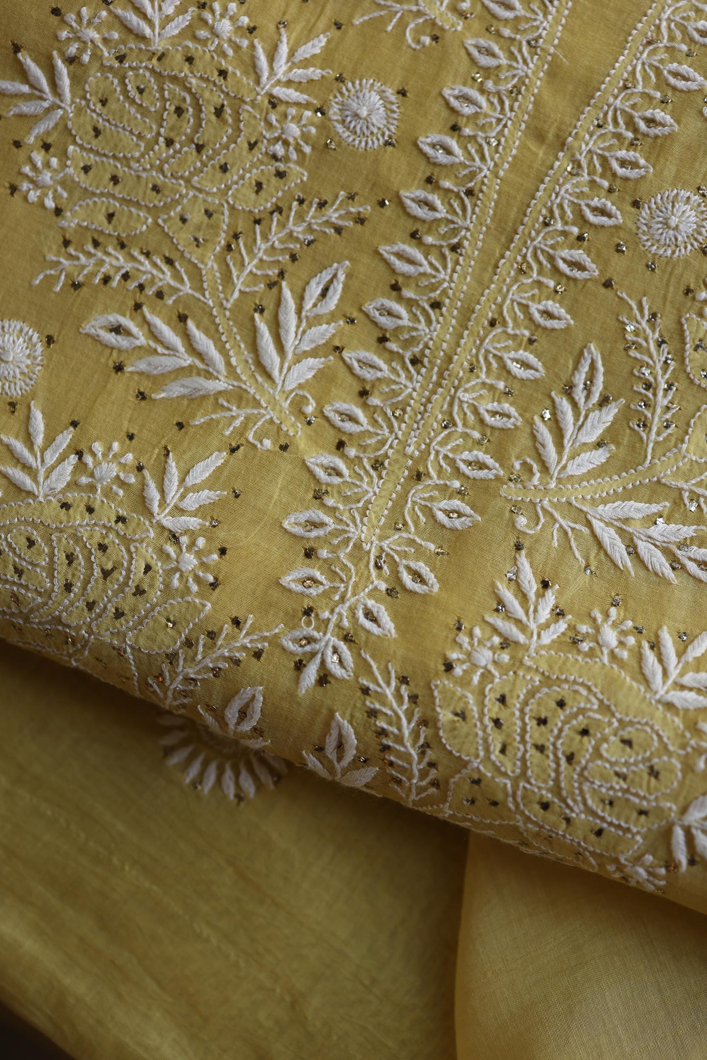 Yellow Shade Mal Cotton Fine Chikankari Unstitched Fabric