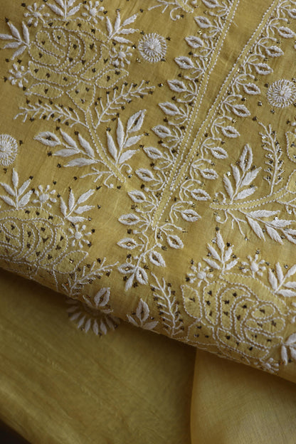 Yellow Shade Mal Cotton Fine Chikankari Unstitched Fabric
